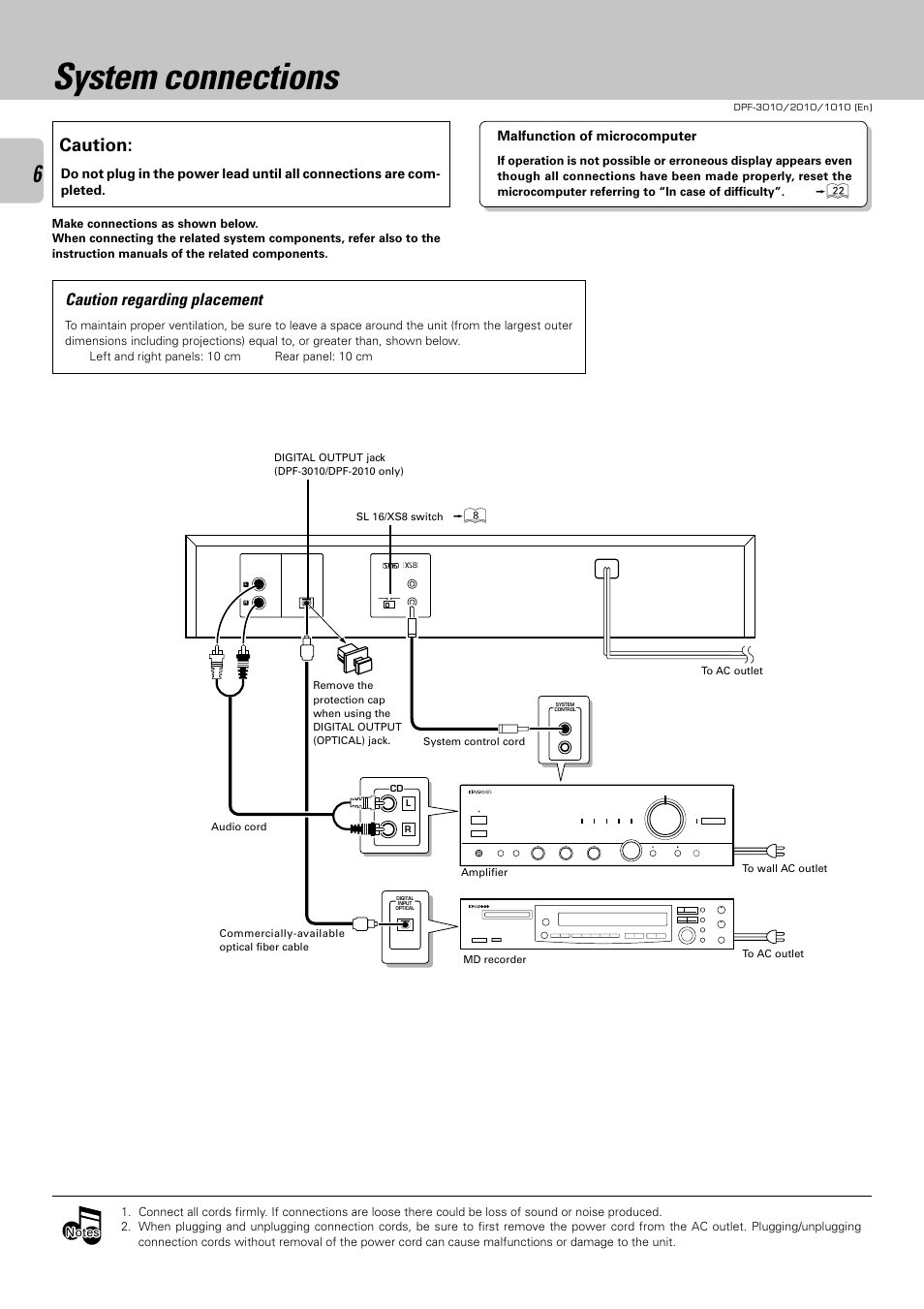 System connections, Caution, Caution regarding placement | Kenwood DPF-2010 User Manual | Page 6 / 24