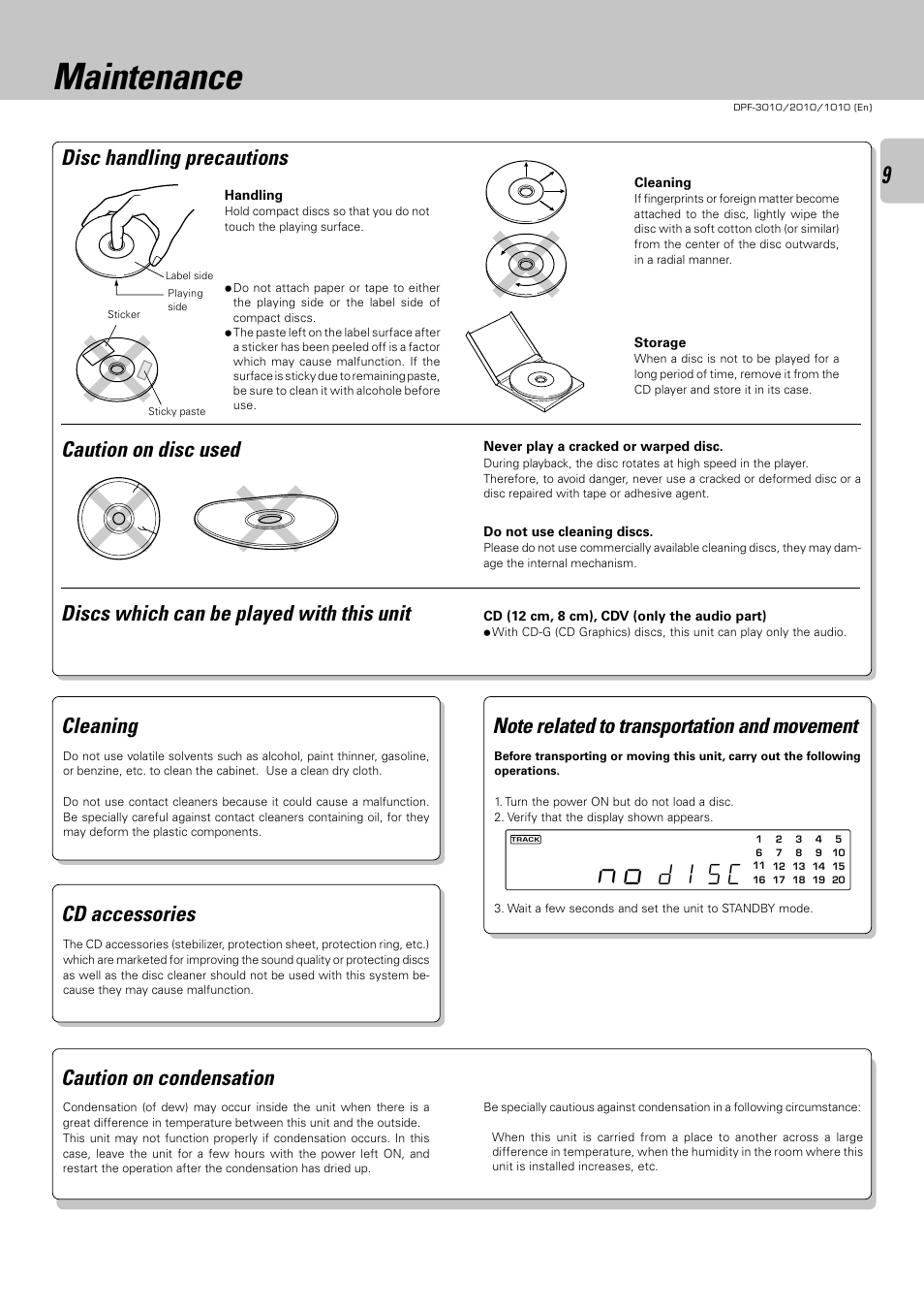 Maintenance, D 1 s c, Caution on disc used | Disc handling precautions, Cleaning, Cd accessories | Kenwood DPF-2010 User Manual | Page 9 / 24