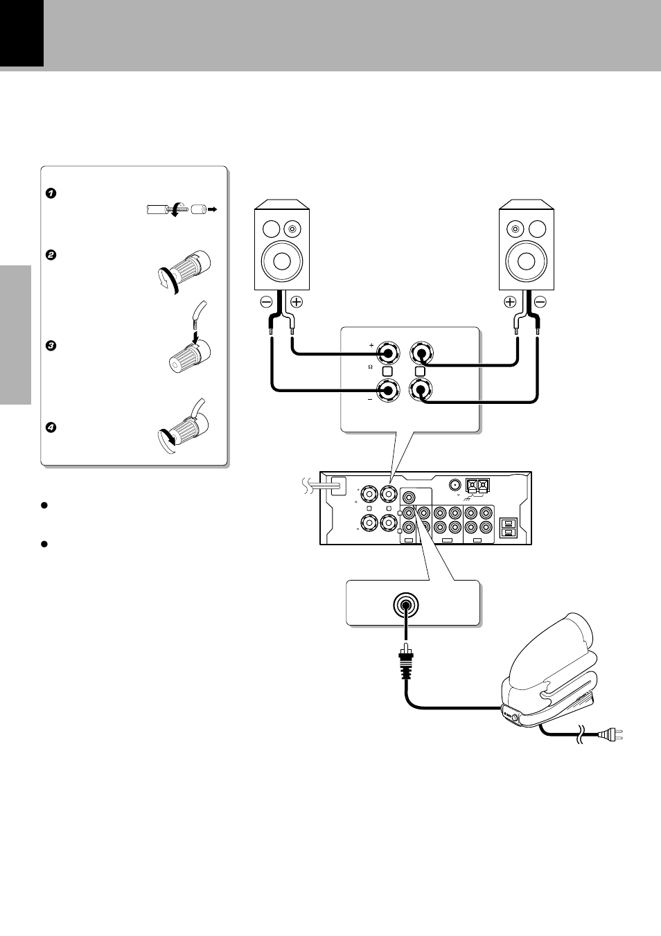 Connection of speakers, R-se7, 1 cord preparation. 2 loosen. 3 insert. 4 secure | Speaker (left) (6-16 ω ) · ª ª | Kenwood FM/AM Reciever R-SE7 User Manual | Page 12 / 56