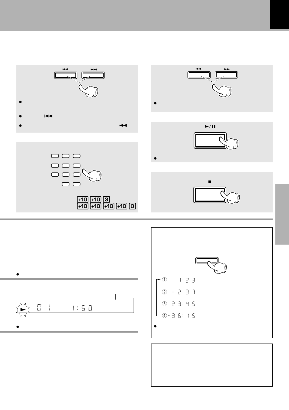 Skipping tracks, Playback from desired track, Time display on cd player | About the cd text function, Time | Kenwood FM/AM Reciever R-SE7 User Manual | Page 21 / 56