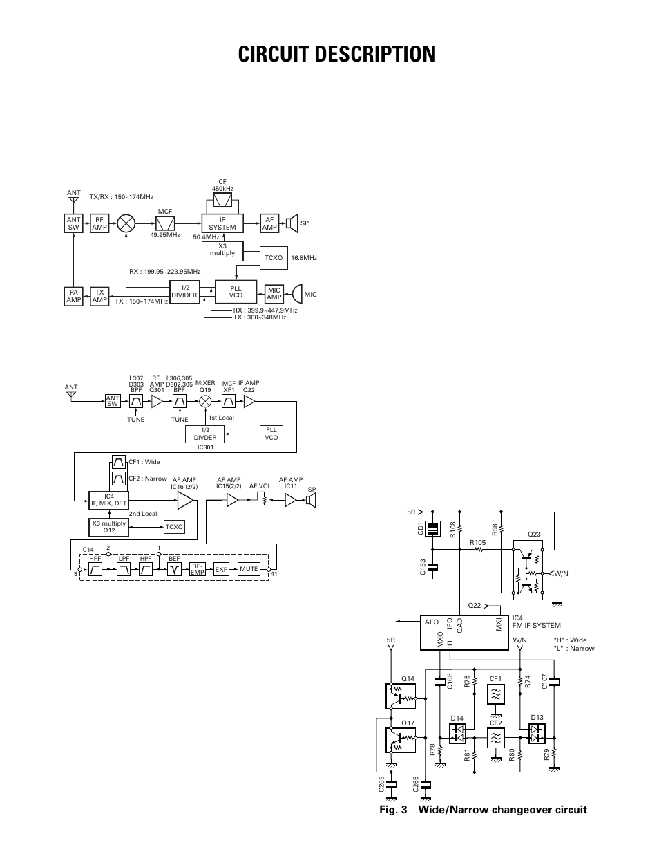 Circuit description, Frequency configuration, Receiver | Fig. 3 wide/narrow changeover circuit, 2) first mixer, 3) if amplifier circuit, 4) wide/narrow changeover circuit | Kenwood TK-270G User Manual | Page 17 / 50