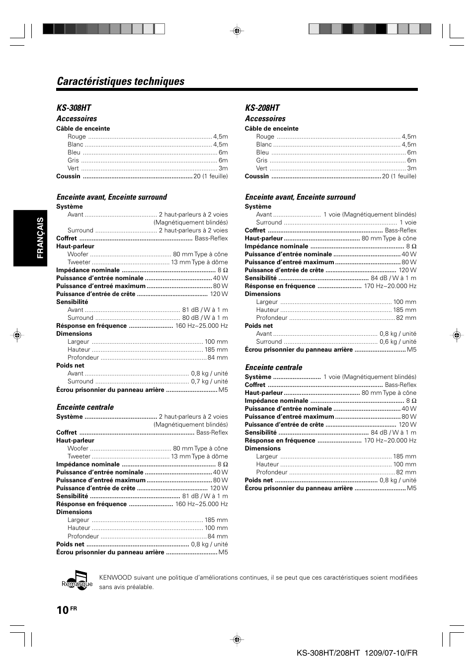 Caractéristiques techniques, Ks-308ht, Ks-208ht | Kenwood KS-208HT User Manual | Page 10 / 28