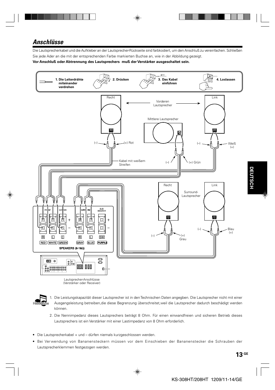 Anschlüsse, Deutsch | Kenwood KS-208HT User Manual | Page 13 / 28