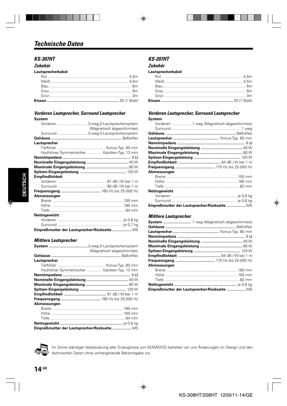 Technische daten, Ks-307ht, Ks-207ht | Kenwood KS-208HT User Manual | Page 14 / 28