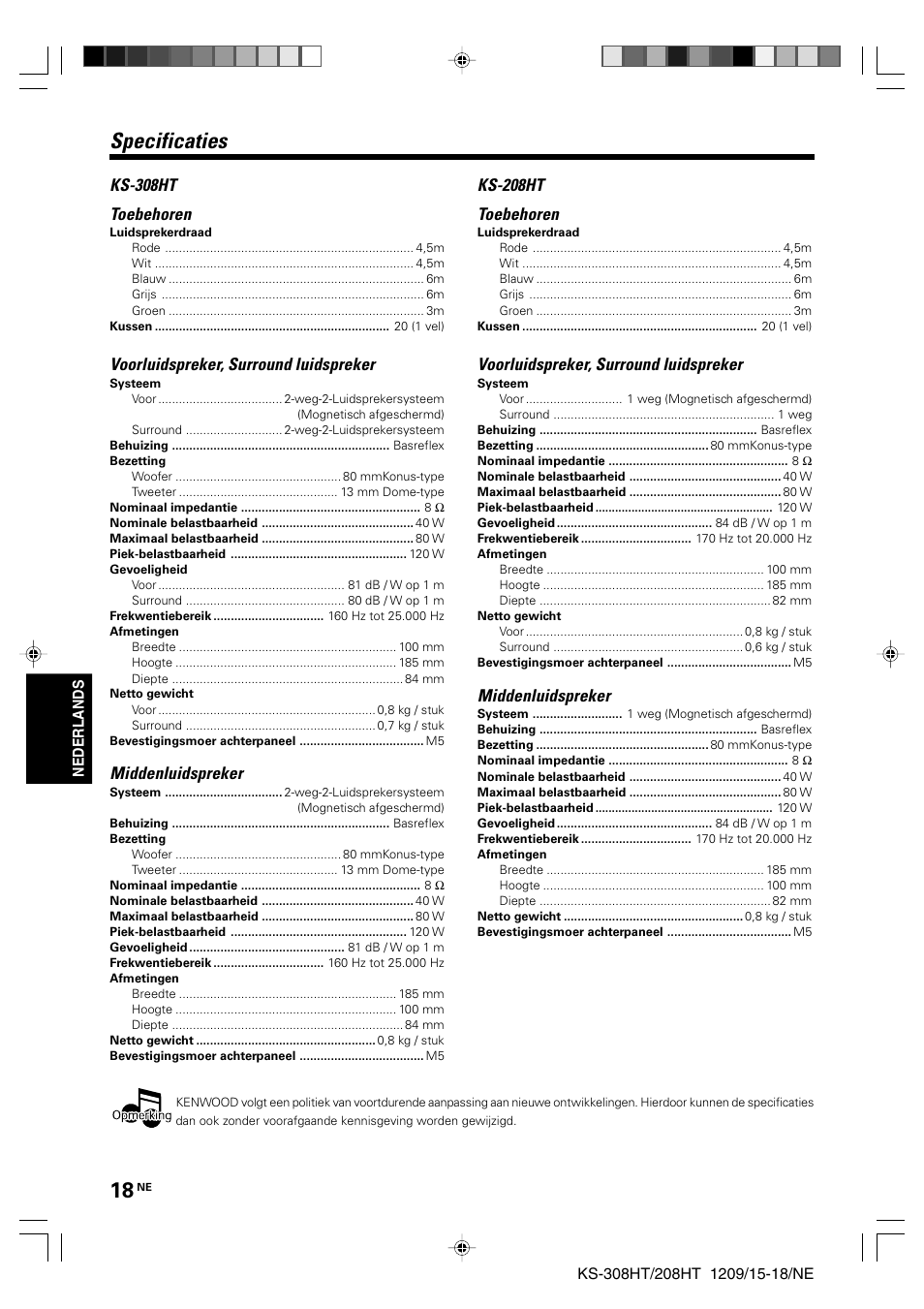 Specificaties, Ks-308ht toebehoren, Voorluidspreker, surround luidspreker | Middenluidspreker, Ks-208ht toebehoren | Kenwood KS-208HT User Manual | Page 18 / 28