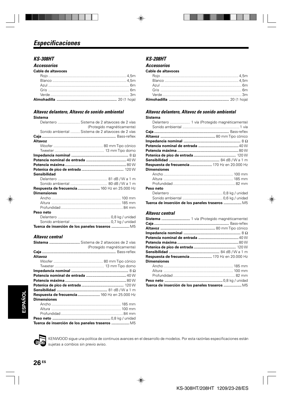 Especificaciones, Ks-308ht, Ks-208ht | Kenwood KS-208HT User Manual | Page 26 / 28