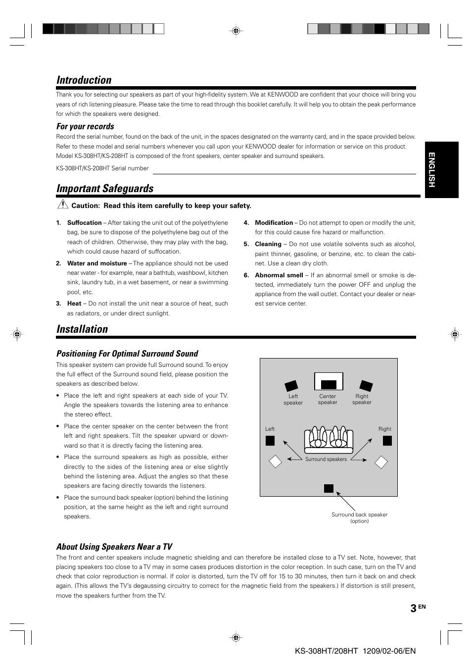 English, Introduction, Important safeguards | Installation, For your records, Positioning for optimal surround sound, About using speakers near a tv | Kenwood KS-208HT User Manual | Page 3 / 28