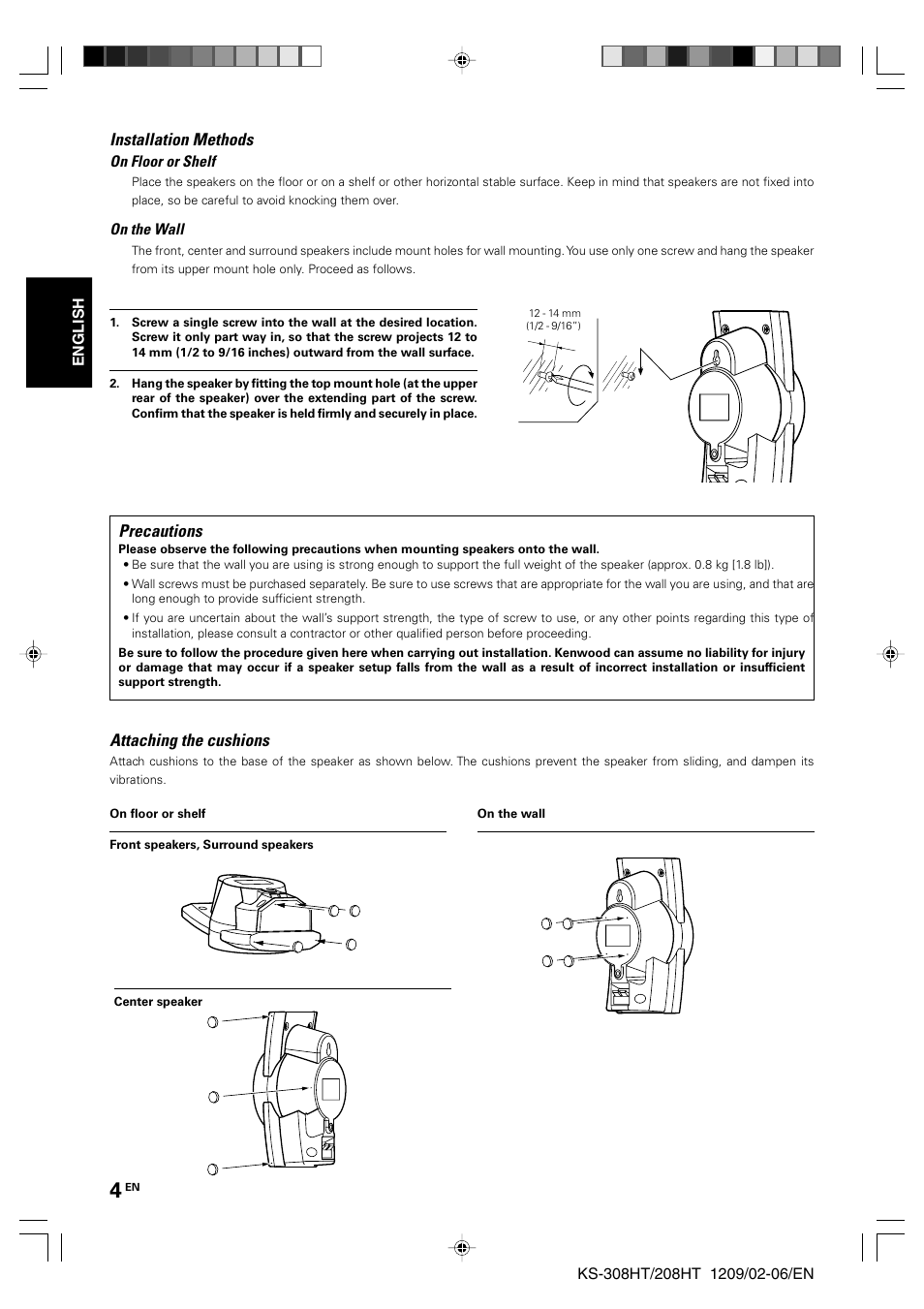 Installation methods, Attaching the cushions, Precautions | Kenwood KS-208HT User Manual | Page 4 / 28