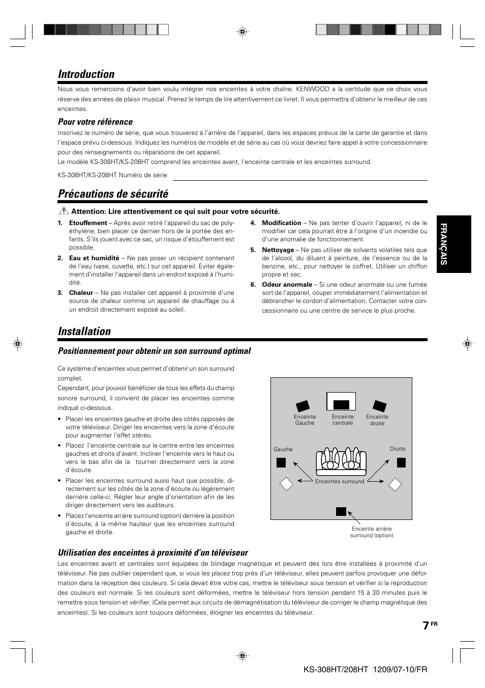 French, Précautions de sécurité, Introduction | Installation, Pour votre référence | Kenwood KS-208HT User Manual | Page 7 / 28