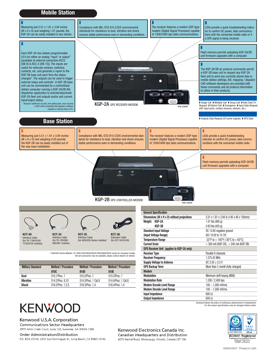 Mobile station base station, Kgp-2b, Kgp-2a | Mil-std environmental standards, Compact lightweight design, Led status indicators, Dsp modem, Multi-purpose programmable i/o’s, Control | Kenwood KGP-2A User Manual | Page 2 / 2