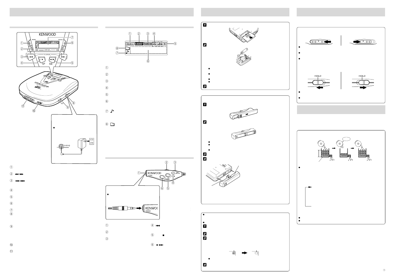 Part names player liquid crystal display, Remote controller, Inserting and recharging the batteries | Avoiding miss-operations, Sound skip guard function (d.a.s.c.), Op en | Kenwood DPC-MP727 User Manual | Page 2 / 4