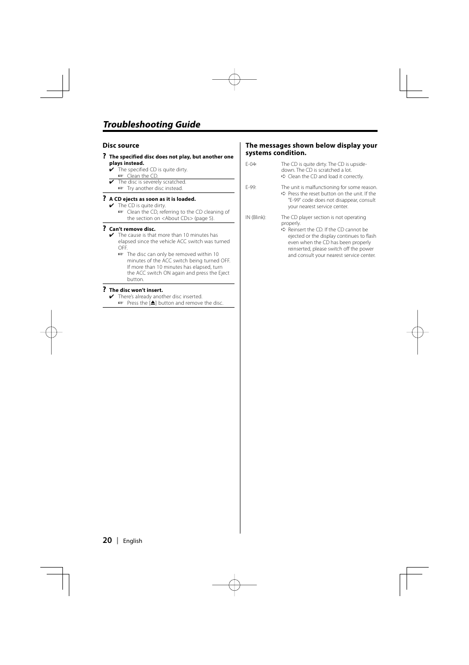 Troubleshooting guide | Kenwood KDC-2031SA/G User Manual | Page 20 / 24