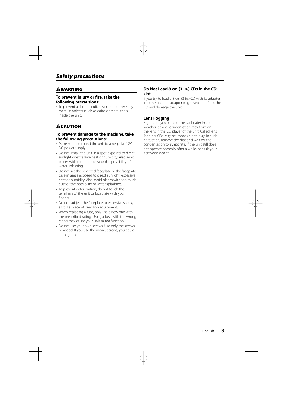 Safety precautions | Kenwood KDC-2031SA/G User Manual | Page 3 / 24