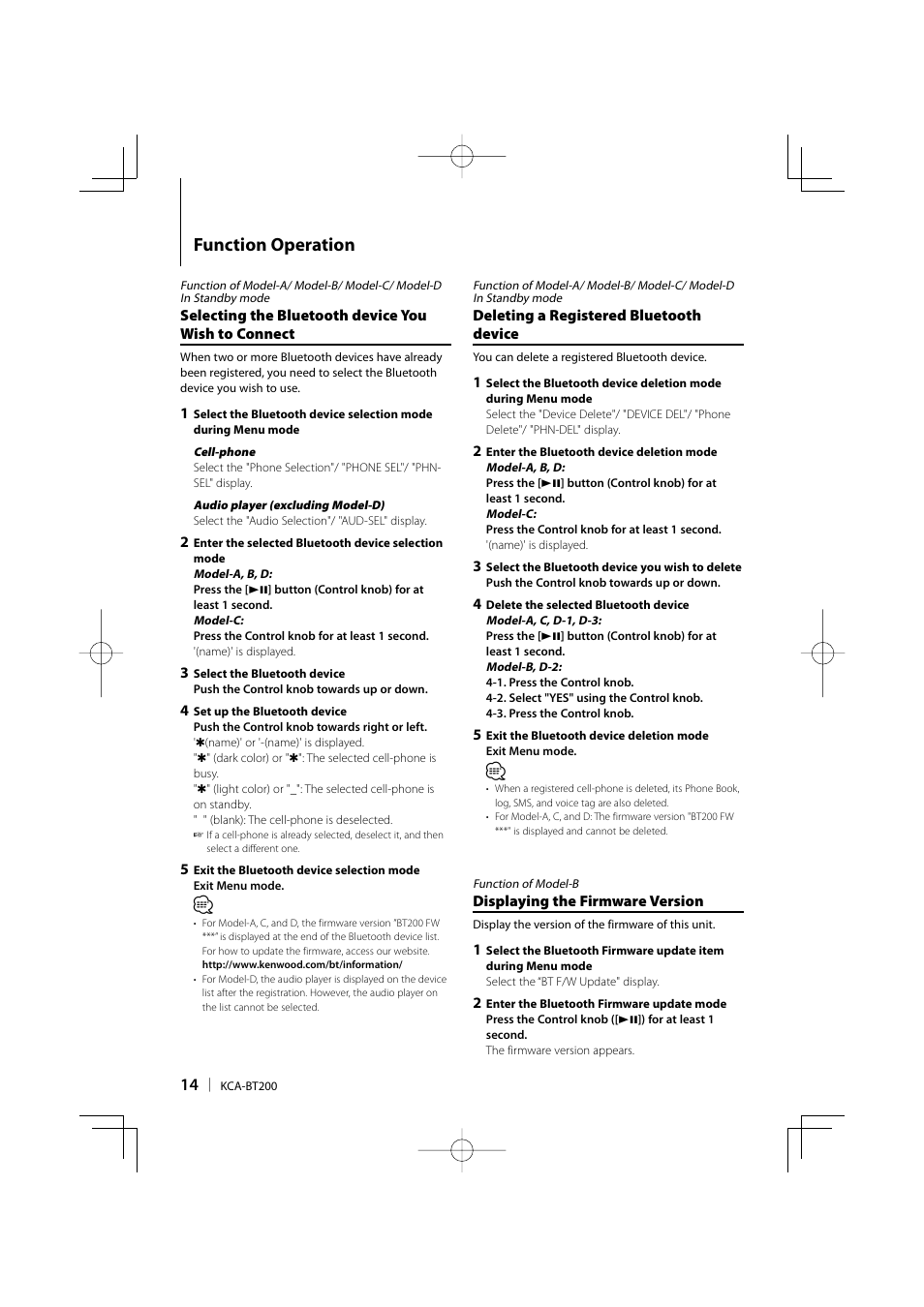 Function operation | Kenwood KCA-BT200 User Manual | Page 14 / 80