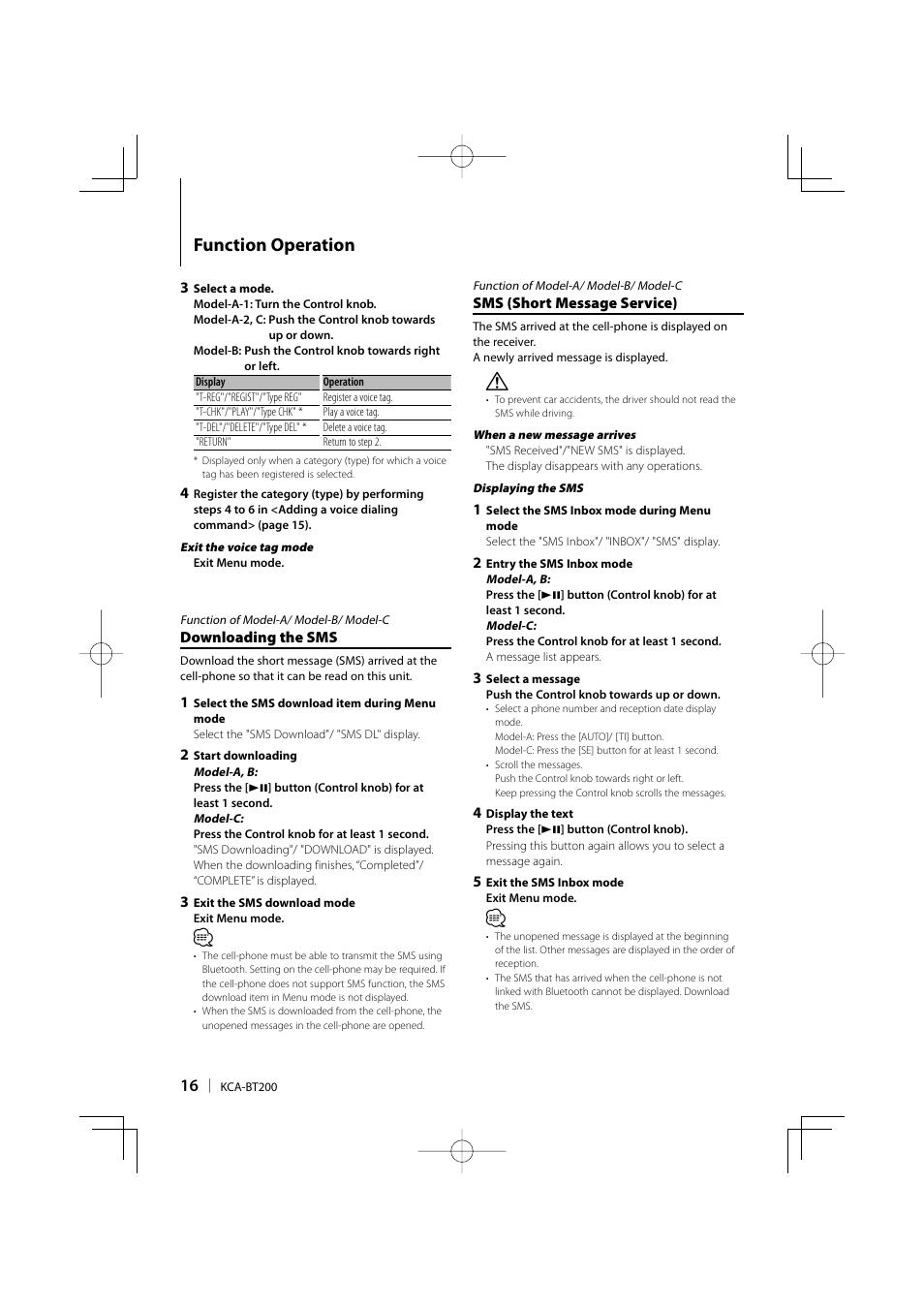 Function operation | Kenwood KCA-BT200 User Manual | Page 16 / 80