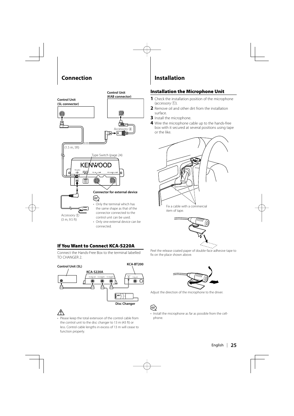 Connection, Installation, If you want to connect kca-s220a | Installation the microphone unit 1 | Kenwood KCA-BT200 User Manual | Page 25 / 80