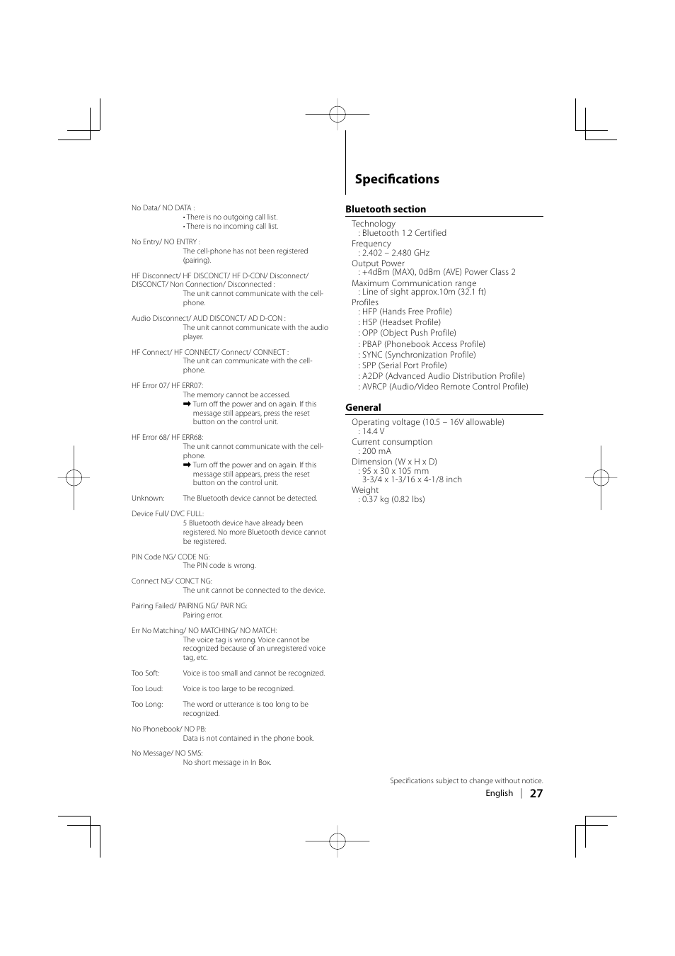 Specifi cations | Kenwood KCA-BT200 User Manual | Page 27 / 80