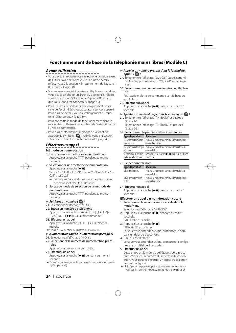 Avant utilisation, Effectuer un appel | Kenwood KCA-BT200 User Manual | Page 34 / 80