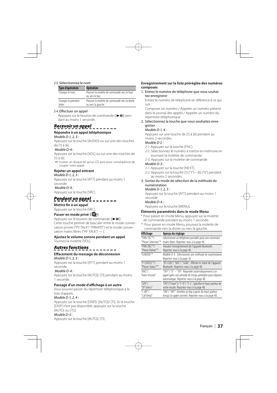 Recevoir un appel, Pendant un appel, Autres fonctions | Kenwood KCA-BT200 User Manual | Page 37 / 80