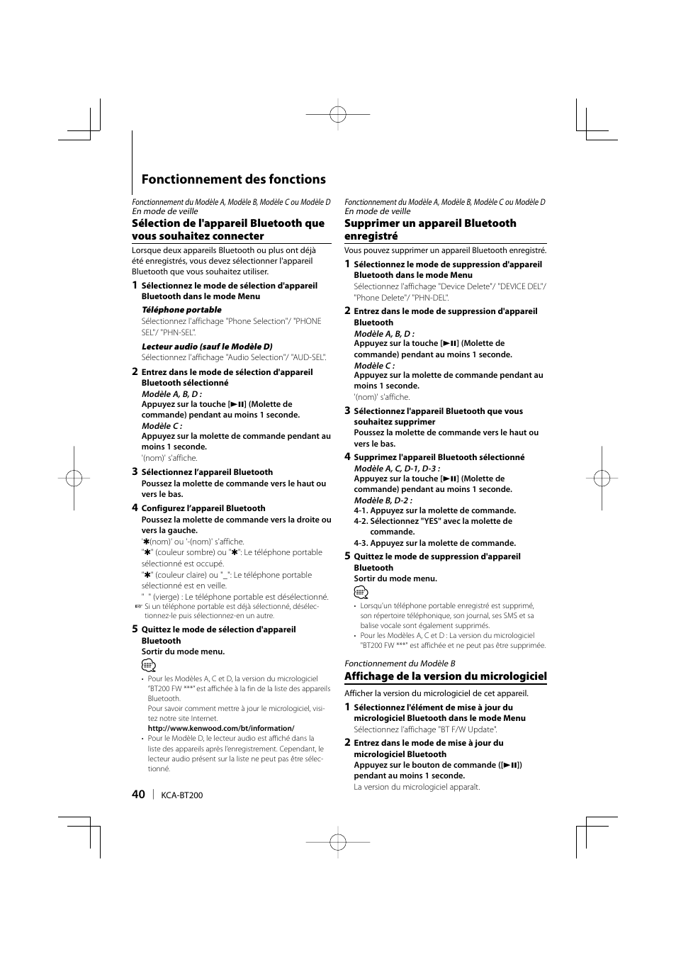 Fonctionnement des fonctions | Kenwood KCA-BT200 User Manual | Page 40 / 80