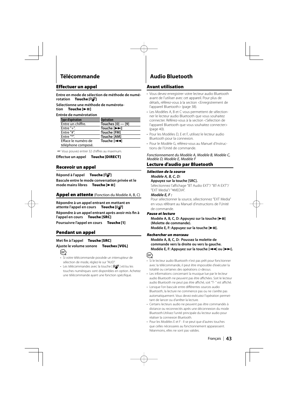 Télécommande, Audio bluetooth | Kenwood KCA-BT200 User Manual | Page 43 / 80