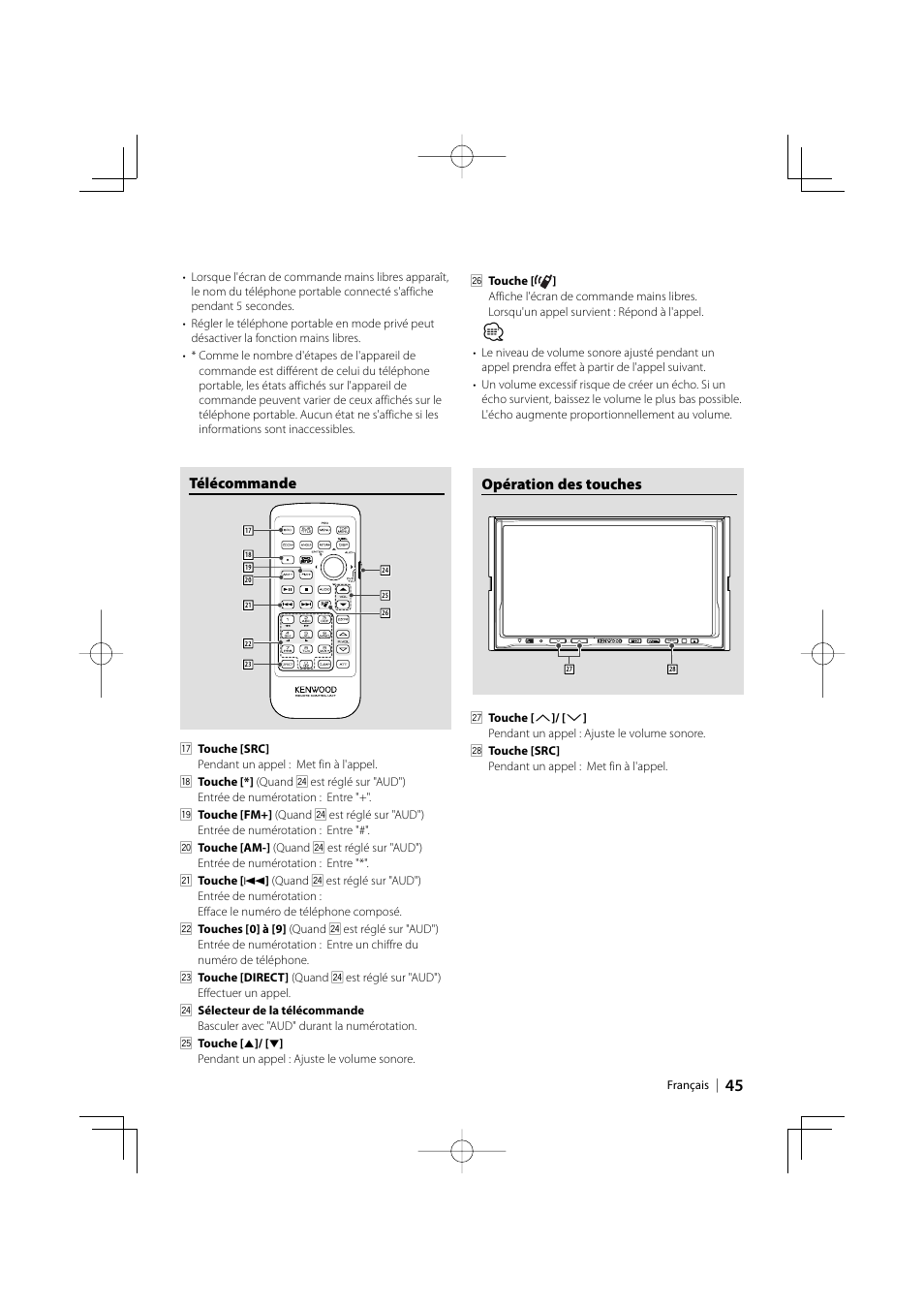Télécommande, Opération des touches | Kenwood KCA-BT200 User Manual | Page 45 / 80