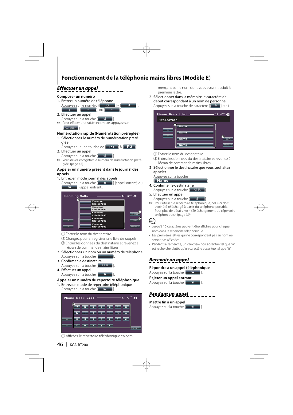 Effectuer un appel, Recevoir un appel, Pendant un appel | Kenwood KCA-BT200 User Manual | Page 46 / 80