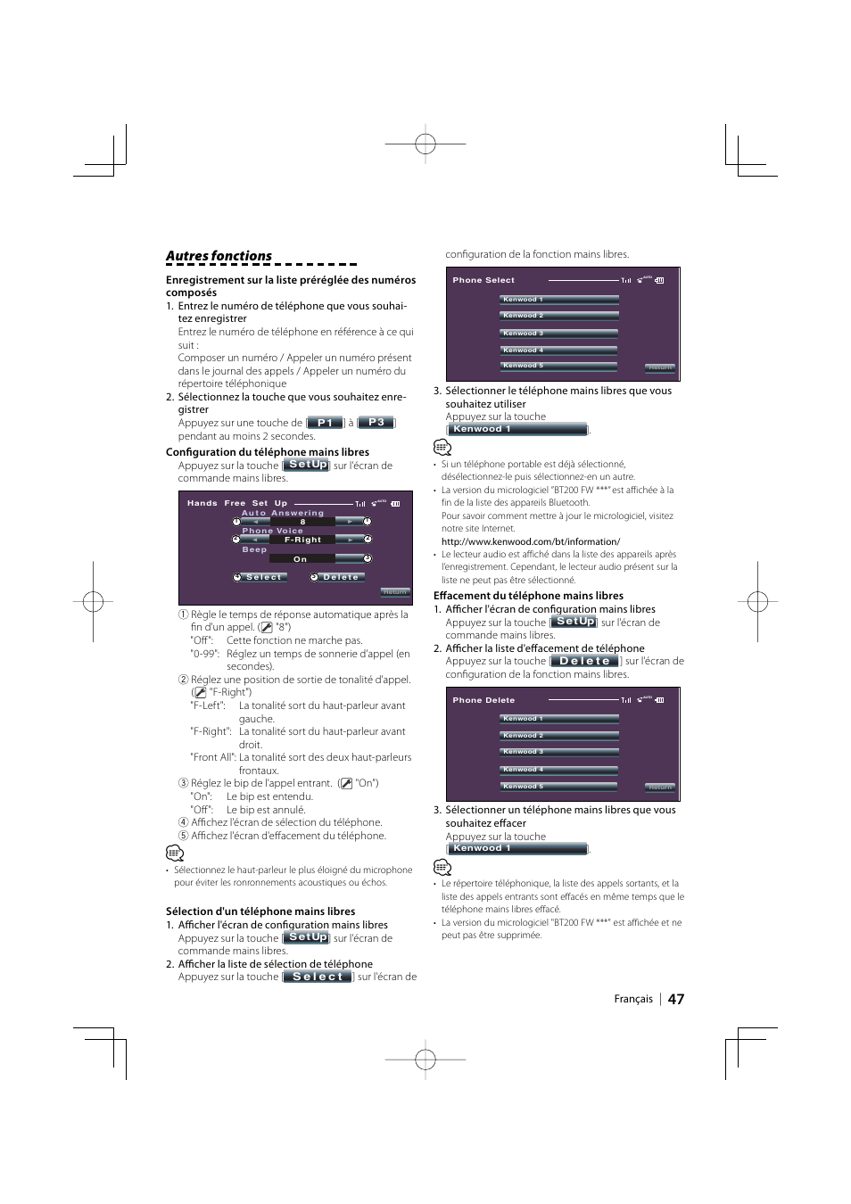 Autres fonctions | Kenwood KCA-BT200 User Manual | Page 47 / 80