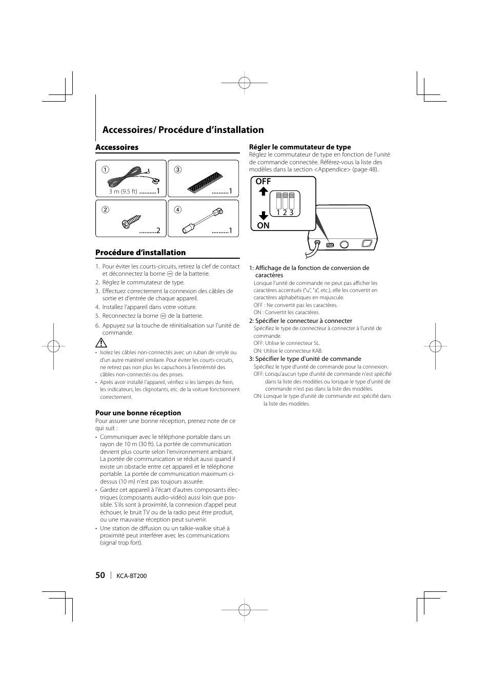 Accessoires/ procédure d’installation, Off on | Kenwood KCA-BT200 User Manual | Page 50 / 80