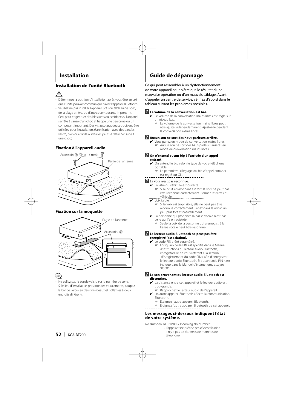 Guide de dépannage, Installation | Kenwood KCA-BT200 User Manual | Page 52 / 80