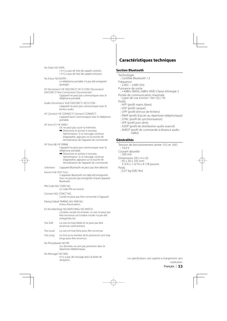 Caractéristiques techniques | Kenwood KCA-BT200 User Manual | Page 53 / 80