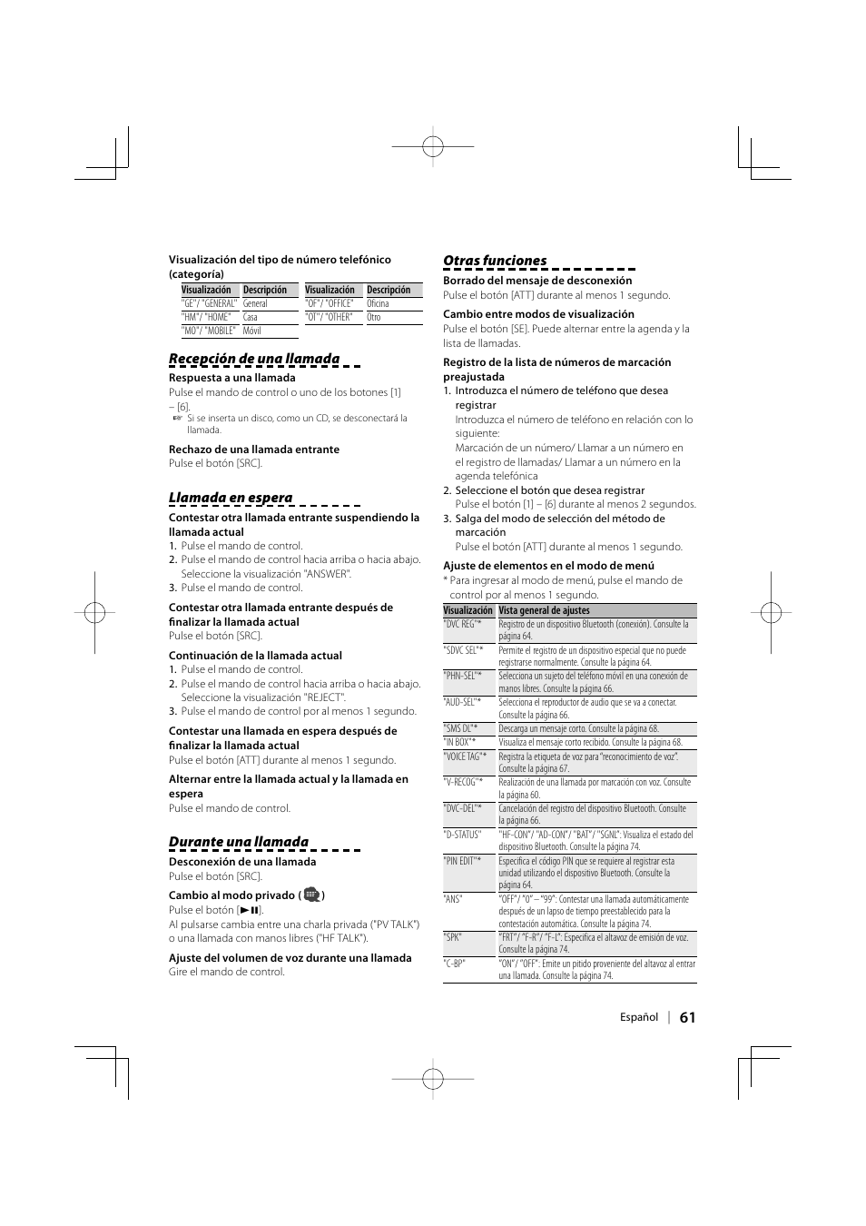 Recepción de una llamada, Llamada en espera, Durante una llamada | Otras funciones | Kenwood KCA-BT200 User Manual | Page 61 / 80