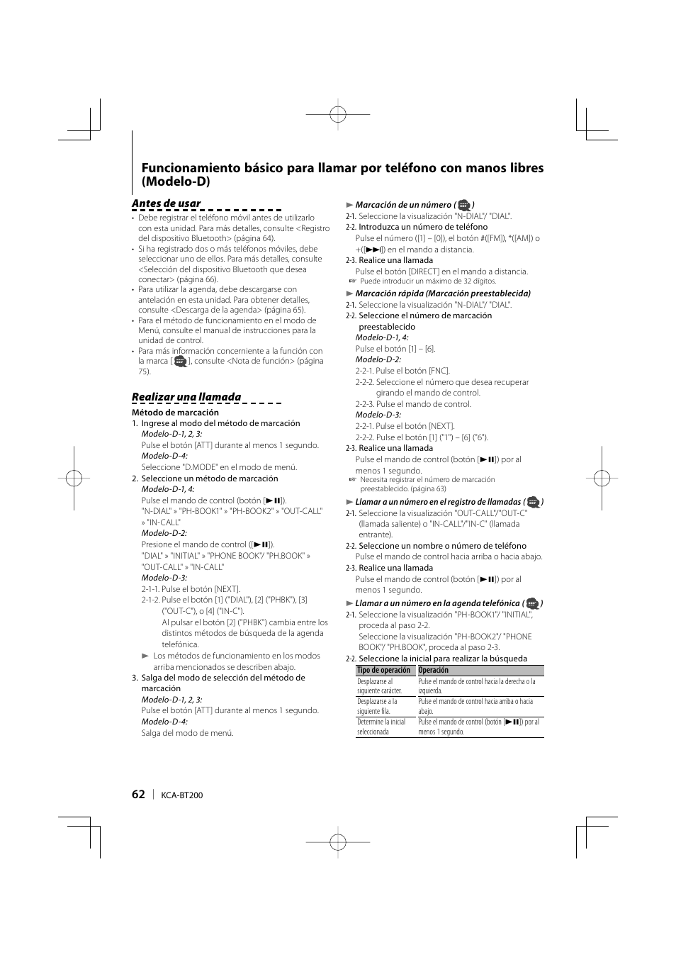 Antes de usar, Realizar una llamada | Kenwood KCA-BT200 User Manual | Page 62 / 80