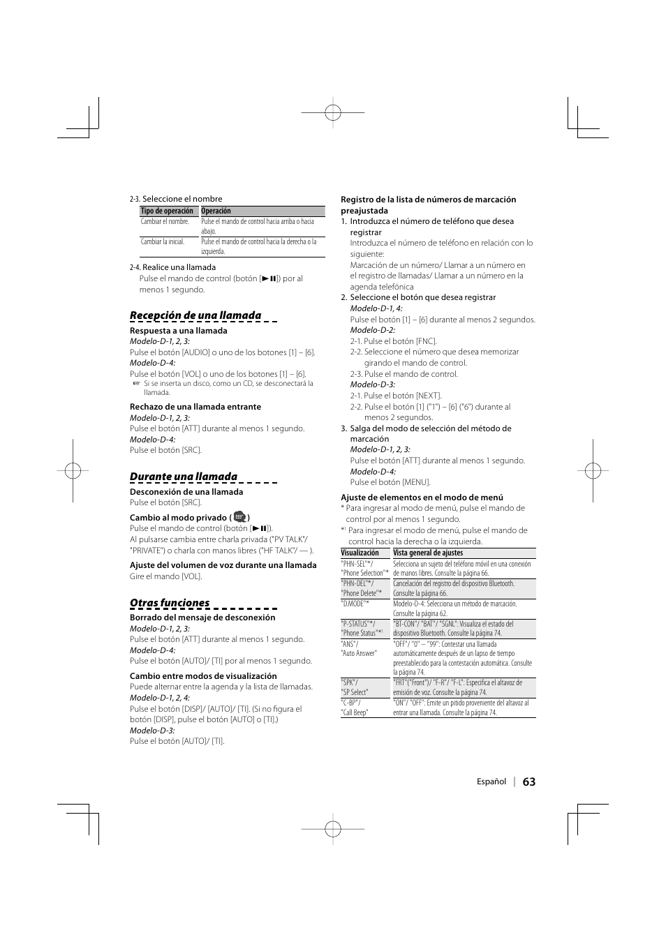 Recepción de una llamada, Durante una llamada, Otras funciones | Kenwood KCA-BT200 User Manual | Page 63 / 80