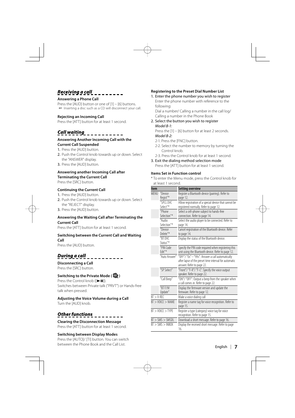 Receiving a call, Call waiting, During a call | Other functions | Kenwood KCA-BT200 User Manual | Page 7 / 80