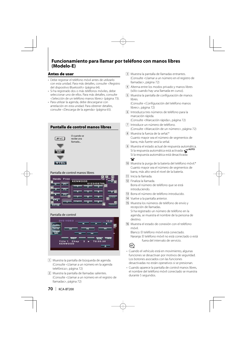 Pantalla de control manos libres, Antes de usar | Kenwood KCA-BT200 User Manual | Page 70 / 80
