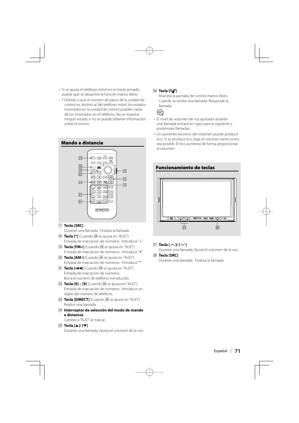 Mando a distancia, Funcionamiento de teclas | Kenwood KCA-BT200 User Manual | Page 71 / 80