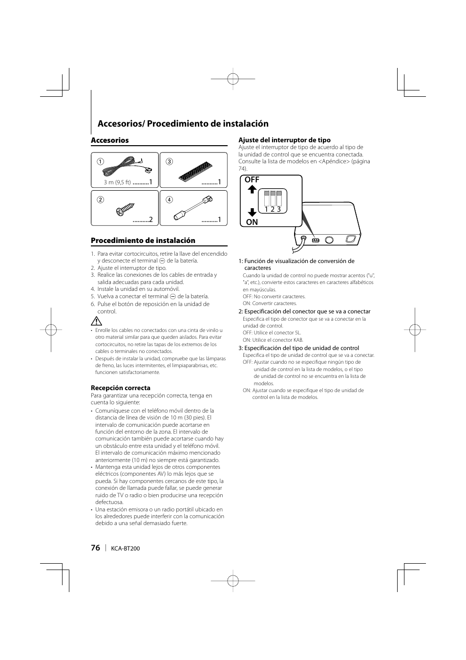 Accesorios/ procedimiento de instalación, Off on | Kenwood KCA-BT200 User Manual | Page 76 / 80