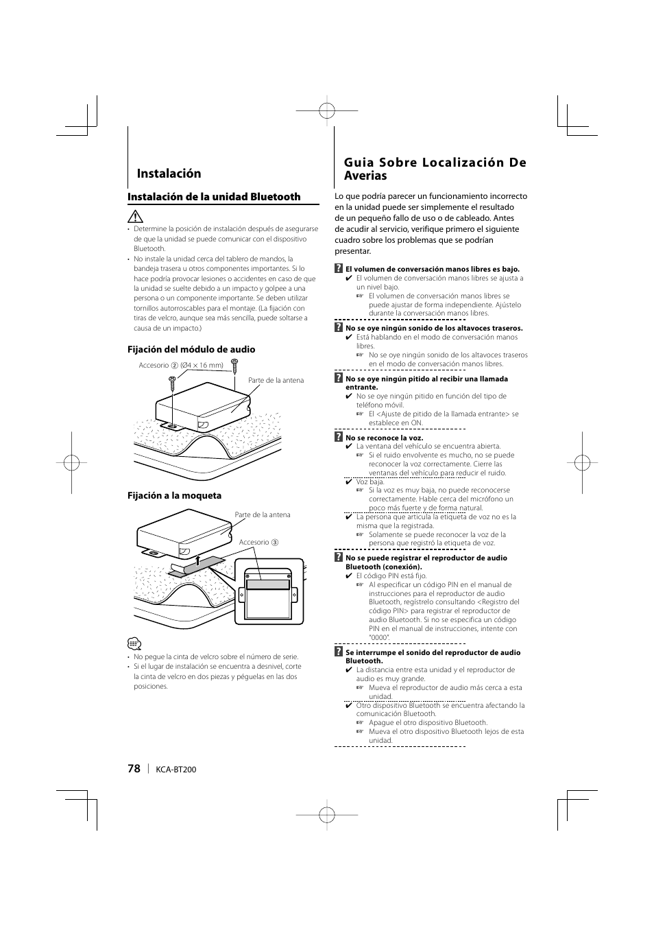 Guia sobre localización de averias, Instalación | Kenwood KCA-BT200 User Manual | Page 78 / 80