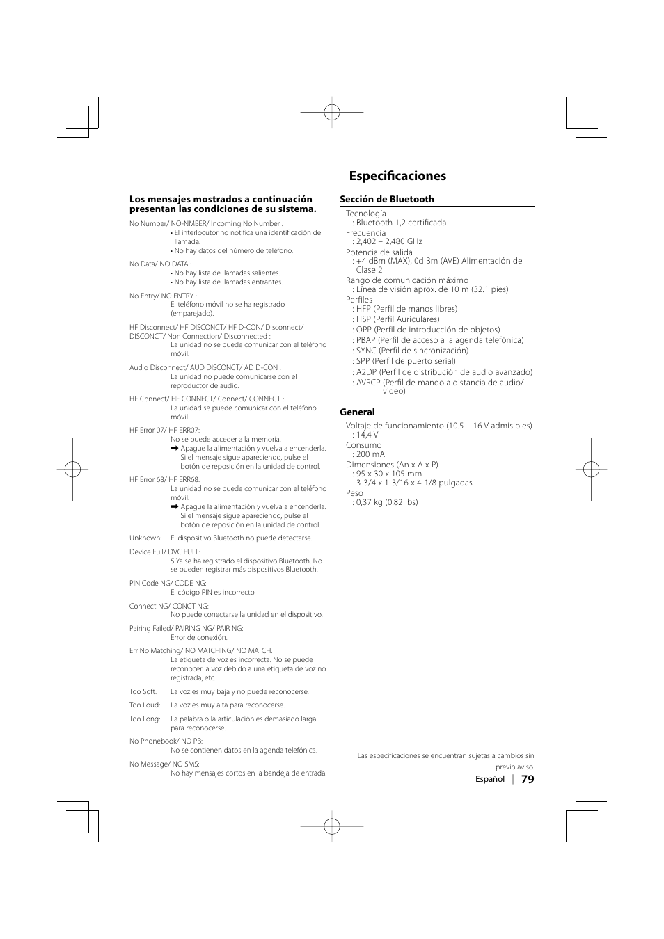 Especifi caciones | Kenwood KCA-BT200 User Manual | Page 79 / 80