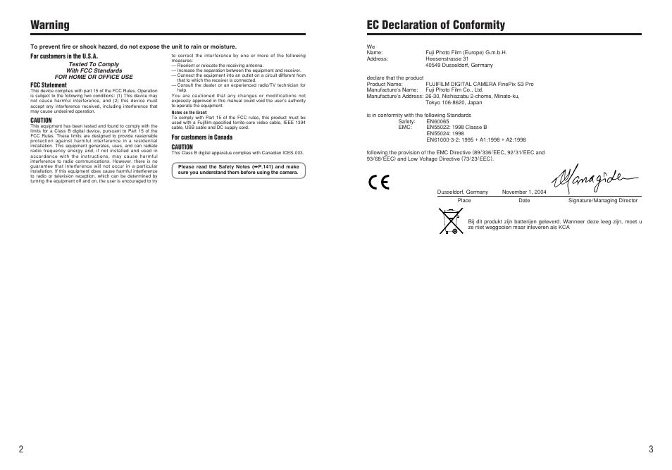 Ec declaration of conformity, Warning | FujiFilm FinePix S3Pro User Manual | Page 2 / 73