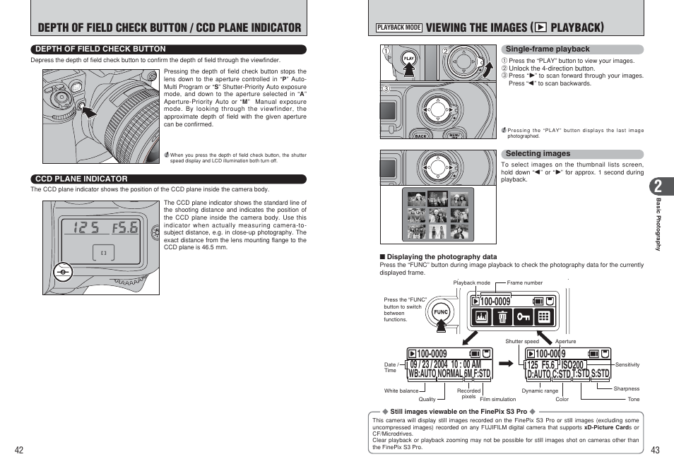 Depth of field check button / ccd plane indicator, Viewing the images ( w playback) | FujiFilm FinePix S3Pro User Manual | Page 22 / 73