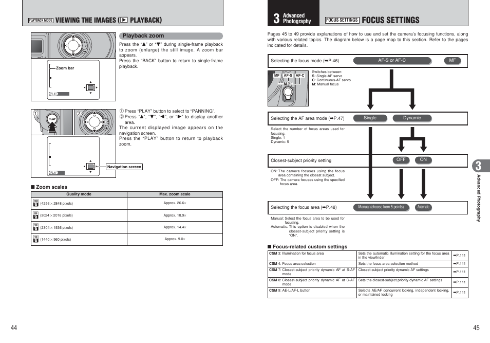 Focus settings, Viewing the images ( w playback) | FujiFilm FinePix S3Pro User Manual | Page 23 / 73