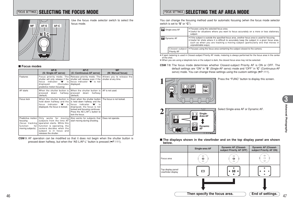 Selecting the af area mode, Selecting the focus mode | FujiFilm FinePix S3Pro User Manual | Page 24 / 73
