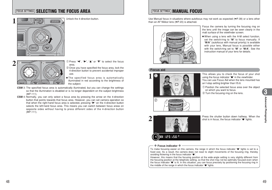 Selecting the focus area, Manual focus | FujiFilm FinePix S3Pro User Manual | Page 25 / 73