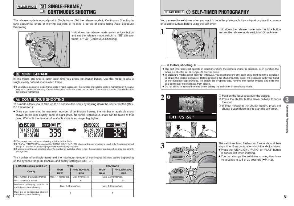 9 self-timer photography, Single-frame / . continuous shooting | FujiFilm FinePix S3Pro User Manual | Page 26 / 73