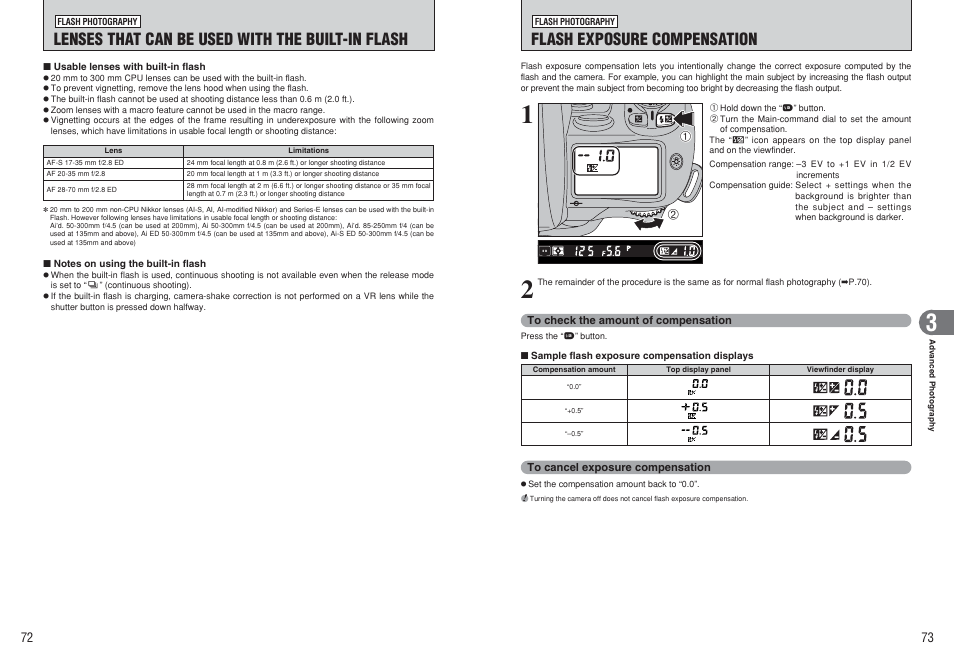 Flash exposure compensation, Lenses that can be used with the built-in flash | FujiFilm FinePix S3Pro User Manual | Page 37 / 73