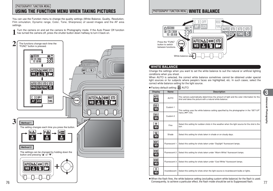 White balance, Using the function menu when taking pictures | FujiFilm FinePix S3Pro User Manual | Page 39 / 73