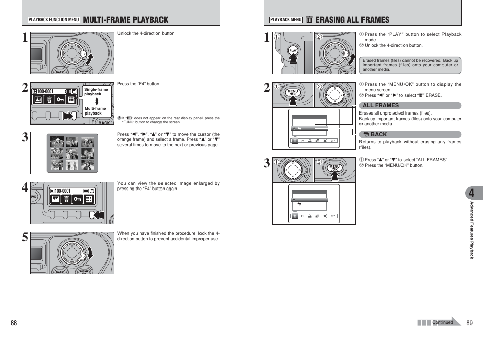 Multi-frame playback, O erasing all frames | FujiFilm FinePix S3Pro User Manual | Page 45 / 73