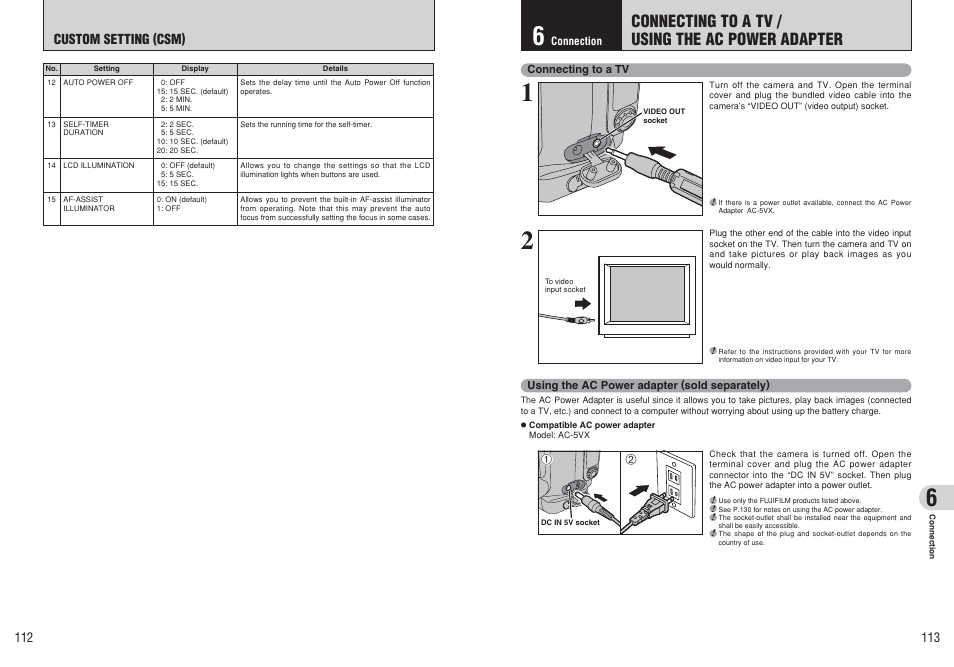 Connecting to a tv / using the ac power adapter, Custom setting (csm) | FujiFilm FinePix S3Pro User Manual | Page 57 / 73